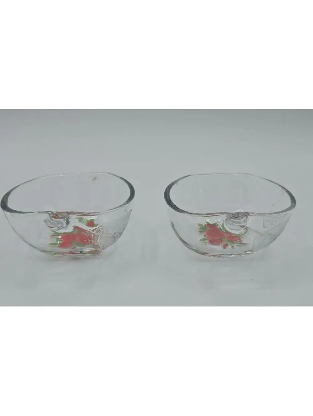Vintage Jeannette Glass Apple Trinket Bowls Set 2 Rose Floral Candy Dishes